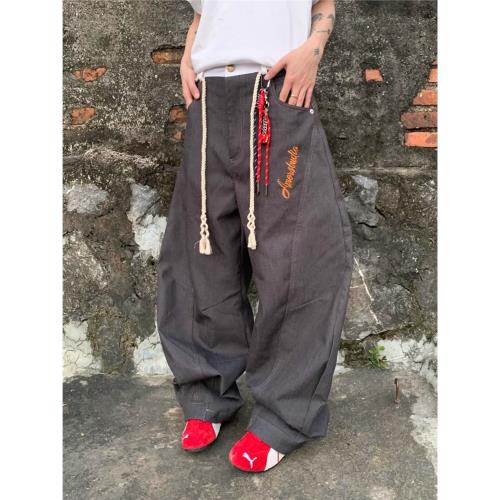 美式腰頭拼接彎刀牛仔褲女男2024秋季高街復古弧形剪裁闊腿工裝褲