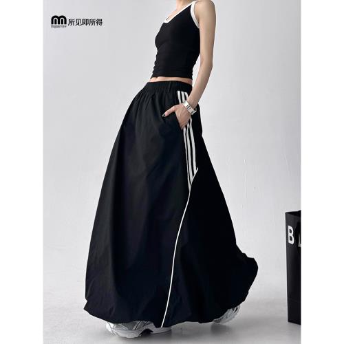 美式條紋休閑半身裙女2025夏季新款高腰寬松顯瘦a字工裝花苞長裙