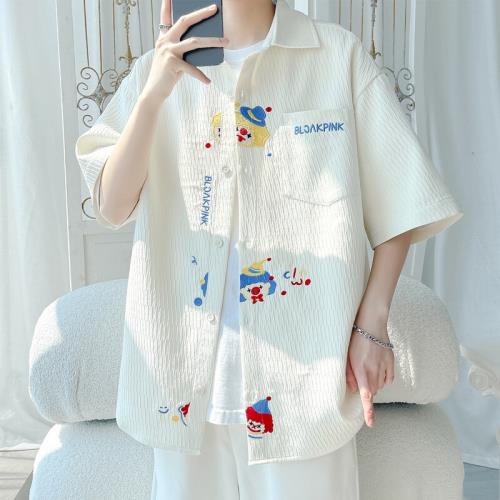 卡通刺繡短袖襯衫男生夏季薄款少年感情侶款潮牌寬松中袖襯衣外套