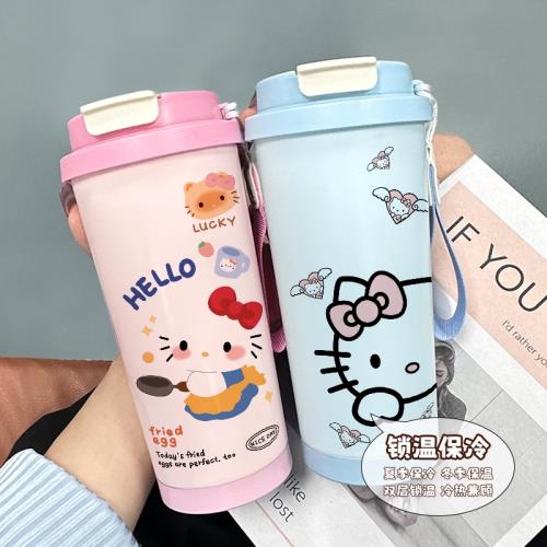 雙飲口保溫杯女生卡通可愛316不銹鋼保溫保冷帶吸管外出方便攜帶