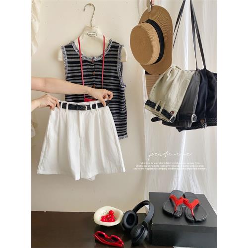 高級法式黑色編織腰帶麻棉闊腿短褲女夏氣質百搭清爽白色休閑熱褲