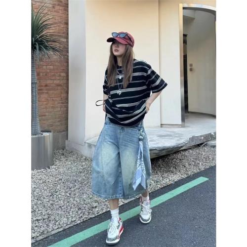 夏季穿搭彎刀七分褲寬松闊腿牛仔短褲過膝休閑中褲男女美式復古潮