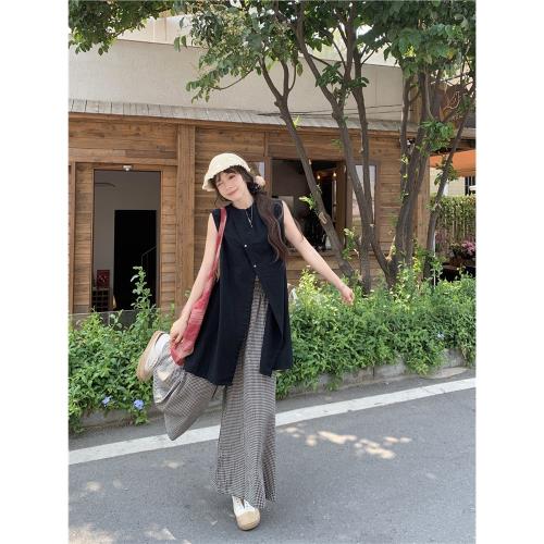 PPHOME不規則斜邊下擺開叉無袖棉馬甲背心女夏季格子闊腿褲兩件套