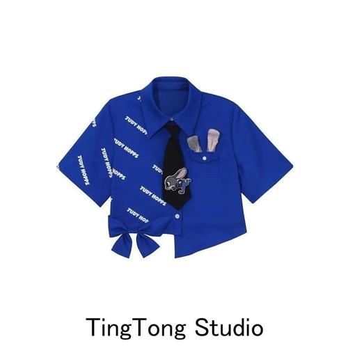 克萊因藍短袖襯衫女蝴蝶結設計感小眾學院風polo衫短款襯衣女夏季