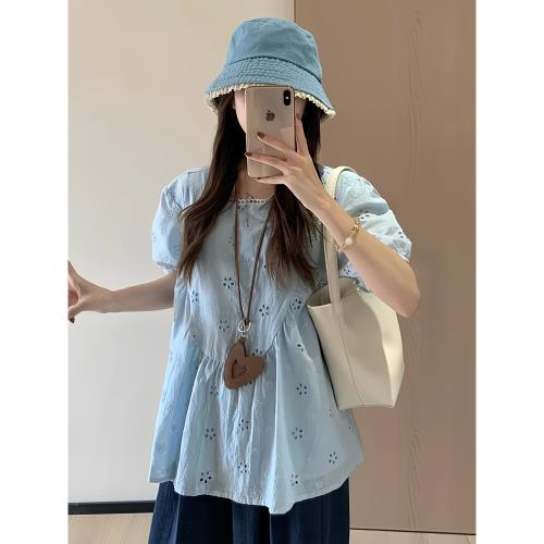 法式鏤空繡花泡泡袖襯衫女夏季獨特漂亮寬松娃娃衫超好看收腰上衣