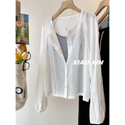 韓系ins 拼接顯瘦圓領薄款棉麻紗感防曬衣外套女百搭春夏季空調衫