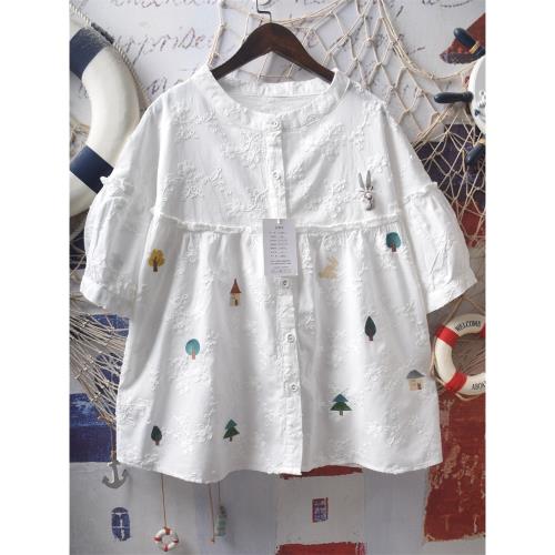 日系軟妹童話鎮刺繡短袖襯衫女夏森系荷葉邊立體兔ins風純棉上衣