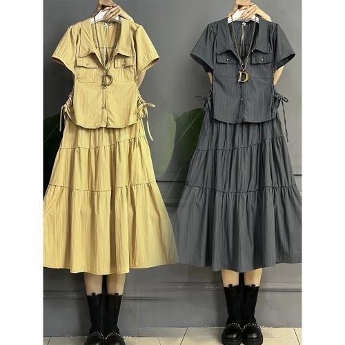 大碼套裝夏季款工裝風設計感氣質抽繩短袖襯衫上衣半身裙兩件套女