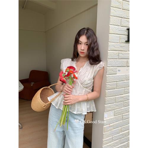 GS.GOOD START博主穿搭法式重工刺繡鉤花氣質v領網紗氛圍感小衫女
