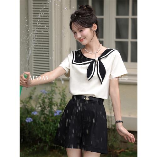 鹿向南「夏日海島」海軍領杏色T恤短袖蝴蝶結漂亮獨特上衣女夏季