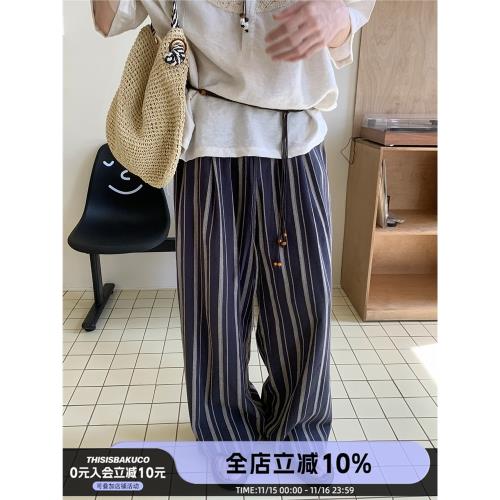 白口陽【航海日記】波西米亞民族風藍灰豎條紋褲子