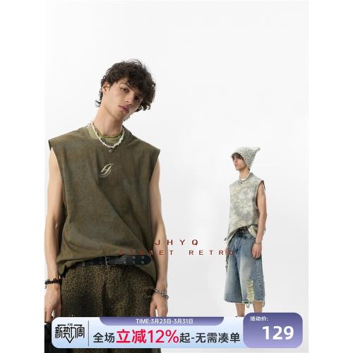JHYQ美式復古水洗做舊無袖t恤男高街潮牌運動百搭休閑寬松衫背心