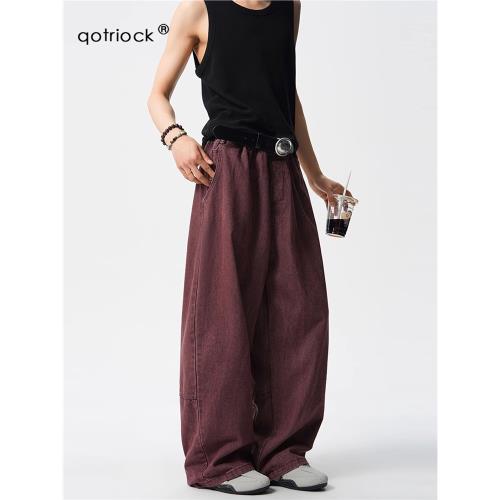 美式酒紅色小火焰彎刀牛仔褲男女寬松慵懶闊腿褲百搭工裝拖地長褲