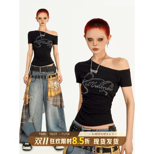 奶酷墨莉美式復古辣妹風斜領短袖t恤女夏設計感短款露肩修身上衣