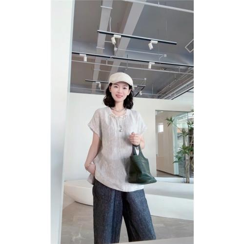 【釘珠小衫】色織雨露麻提花襯衫小包袖釘珠小衫半開襟上衣25195