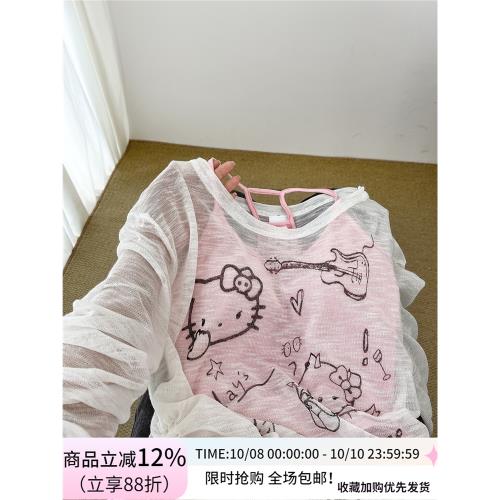 初戀小奶糖~美到爆炸！夏季新款防曬罩衫粉色吊帶內搭溫柔風套裝