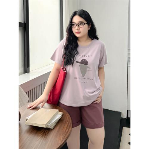 大碼女裝【趣味卡通套裝】夏季圓領印花冰瓷棉T恤短袖短褲兩件套