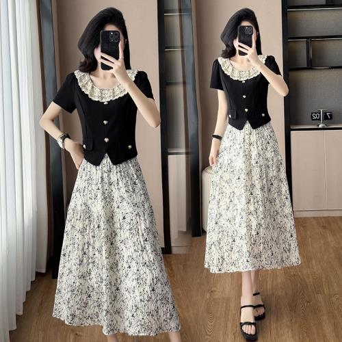 大碼女裝2025夏季胖mm時尚氣質拼接顯瘦上衣洋氣碎花半身裙兩件套