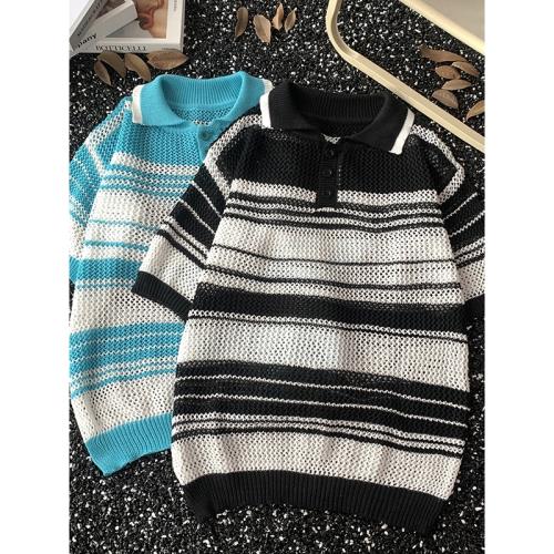 條紋針織Polo衫男款夏季美式復古鏤空短袖t恤高級感寬松翻領體恤