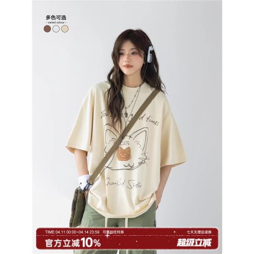 「CHANT2nd」手繪貓咪涂鴉印花短袖女t恤夏重磅280G寬松純棉半袖