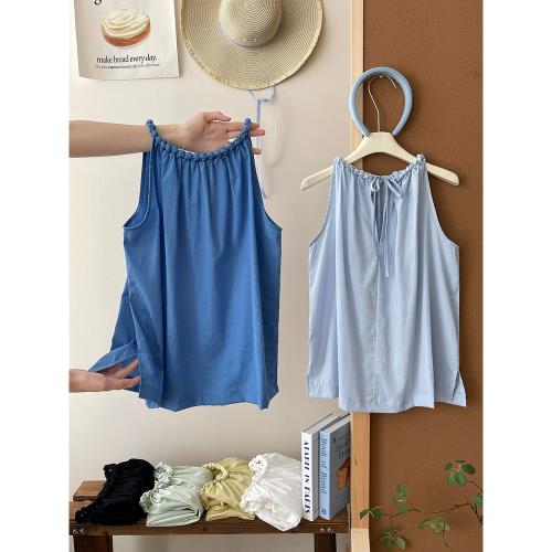 法式麻花圓領掛脖冰絲麻棉背心襯衫女夏度假風甜美坎肩娃娃衫上衣