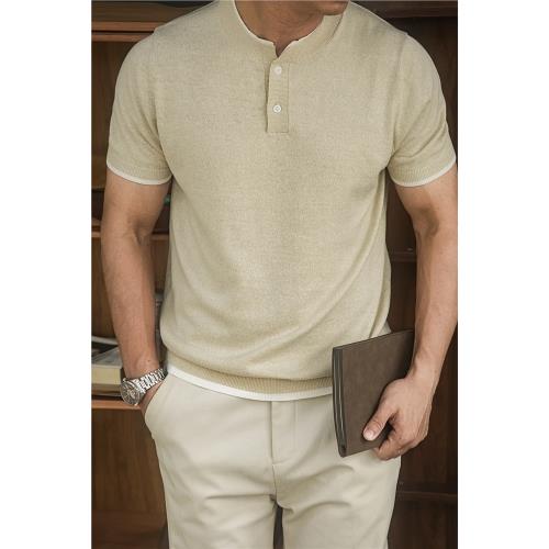 唔刃美式休閑高捻棉花紗假兩件亨利針織衫T恤短袖零壓感男士夏季