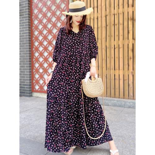 夏季碎花連衣裙子收腰遮肚子棉綢九分裙女式胖mm寬松顯瘦長裙綿綢