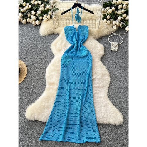 純欲性感掛脖吊帶鏤空刺繡針織連衣裙女夏季海邊度假風沙灘抹胸裙