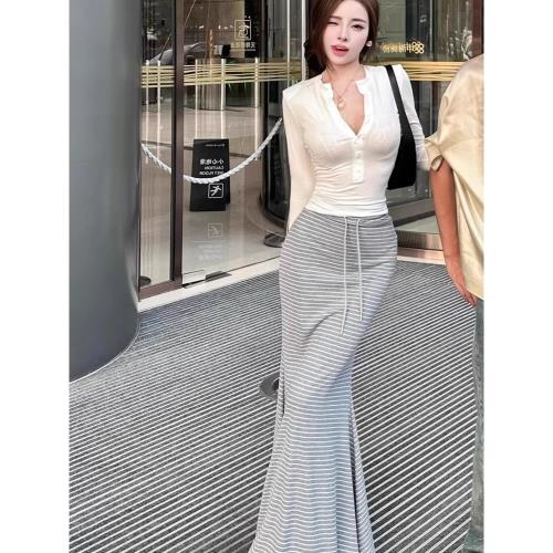 韓系氣質撞色修身高腰設計感性感條紋綁帶魚尾包臀中長款半身裙女