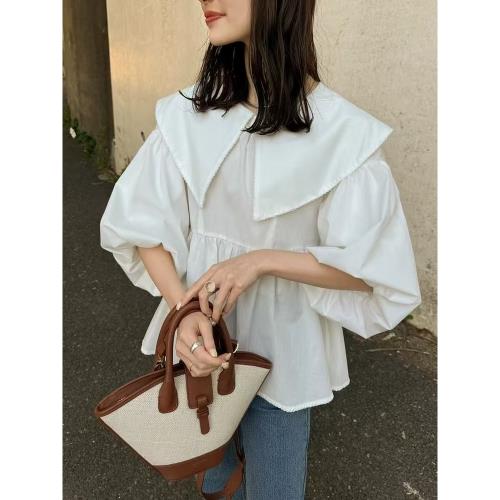 hin 元 夏季新款 大翻領 工藝花邊 泡泡袖襯衫上衣女