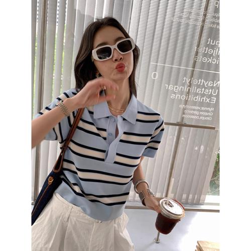 小清新甜美撞色條紋短袖針織衫外穿通勤氣質顯瘦polo衫正肩打底衫