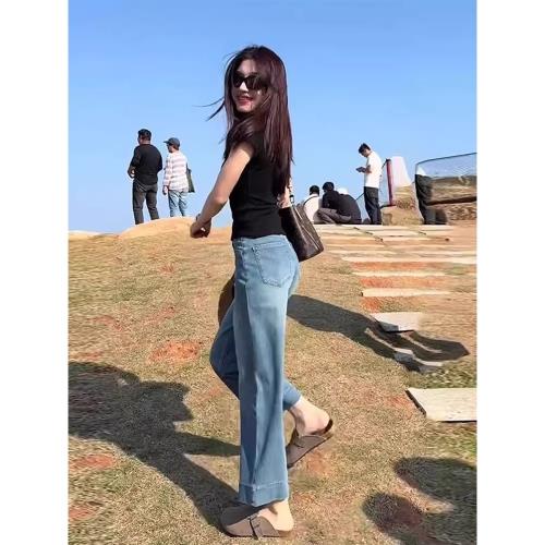 淺藍直筒九分牛仔褲女夏季薄款2025新款冰絲小個子女士天絲闊腿褲