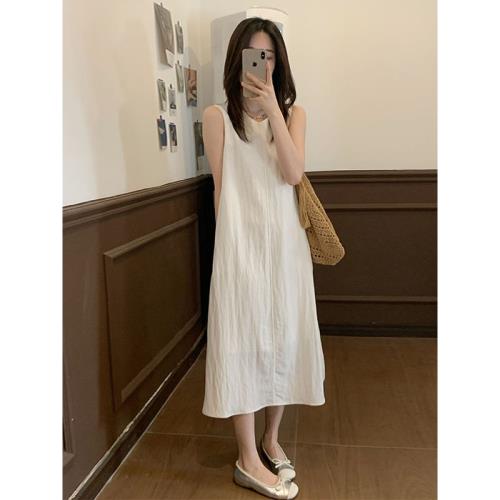 韓系休閑簡約白色連衣裙女2025夏季新款設計感氣質圓領背心長裙子