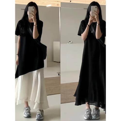 2025夏季獨特漂亮小香風顯瘦黑色荷葉邊拼接蕾絲短袖t恤連衣裙女