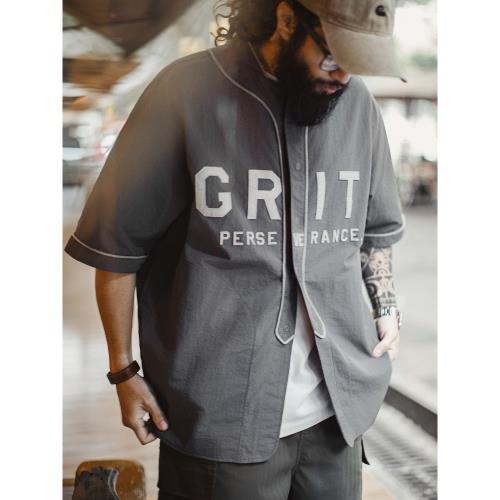 馬登工裝美式休閑GRIT棒球服貼布繡襯衫日系灰色薄款襯衣男春夏