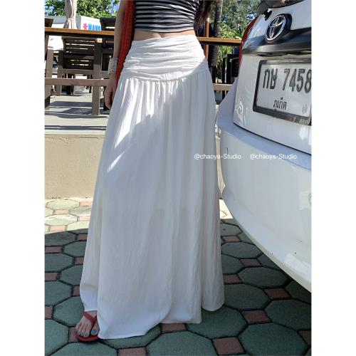 kumikumi法式溫柔風設計感褶皺半身裙女秋季氣質白色大擺裙中長裙