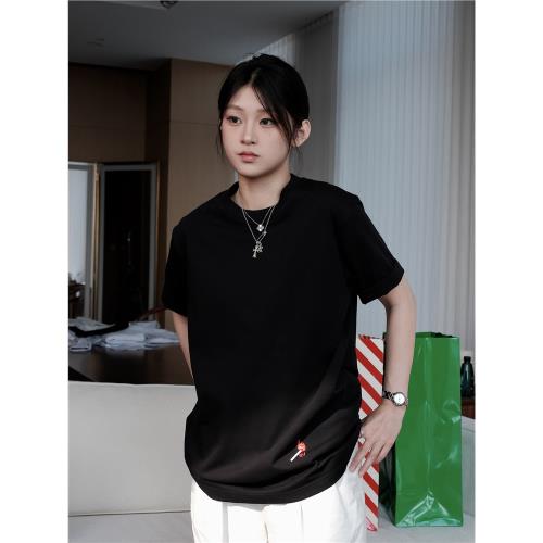 SEASON MARK『BV同款』火柴刺繡純色圓領短袖潮流休閑百搭情侶T恤