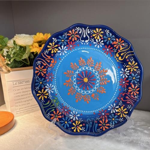 新款12寸【土耳其堆料】釉下彩手工復古陶瓷花邊12寸大盤雞盤
