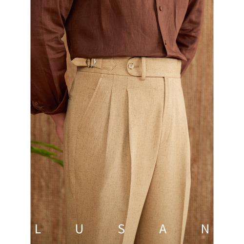 鹿三先生男士通勤百搭那不勒斯高腰直筒休閑褲復古亞麻混紡長褲子