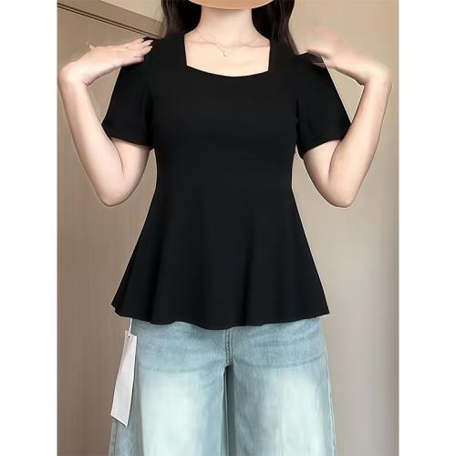 大碼遮肚洋氣方領黑色上衣女夏季微胖mm顯瘦法式氣質正肩短袖t恤