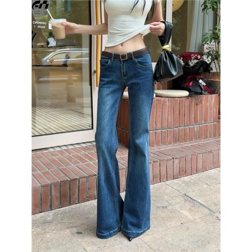 深藍低腰微喇牛仔褲女2026春季美式復古不貼腿彈力辣妹直筒喇叭褲