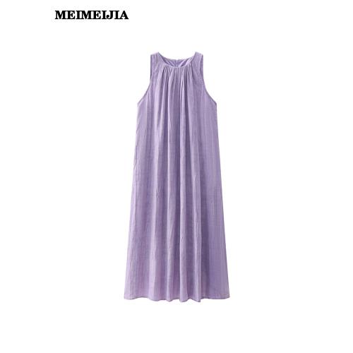 慵懶休閑風棉麻紫色無袖背心連衣裙女夏季寬松顯瘦遮肉中長款裙子