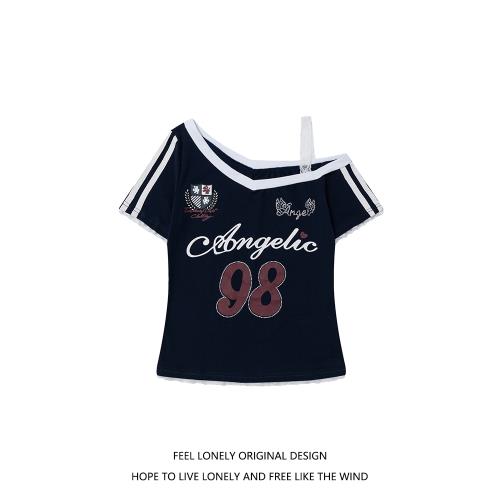 Feel lonely美式學院風復古辣妹短袖T恤女夏季顯瘦斜肩短款球衣潮