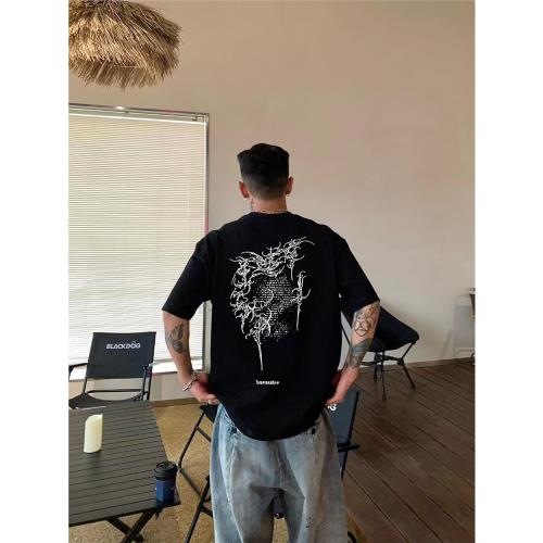 美式潮牌夏季字母印花ins復古短袖t恤男高街痞帥情侶體恤衫上衣