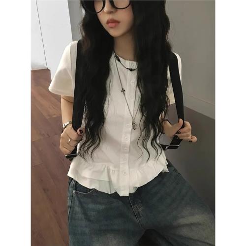 kumikumi荷葉邊拼接圓領短袖T恤女裝夏季減齡單排扣顯瘦白色上衣