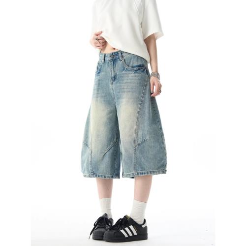 夏季美式高街水洗彎刀牛仔短褲男女小眾設計感解構寬松闊腿七分褲