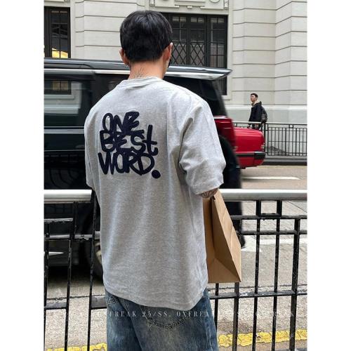 美式重磅字母刺繡雙面針織短袖t恤男夏季新款寬松休閑情侶五分袖