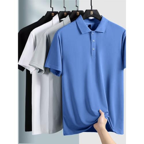 夏季POLO衫男薄款冰絲短袖t恤寬松彈力透氣休閑翻領體恤純色半袖