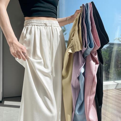 大碼醋酸緞面冰絲闊腿褲女夏季胖mm高腰顯瘦垂感直筒寬松拖地褲子