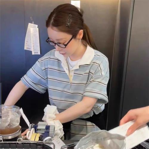 seeubaby韓國東大門miu系寬松翻領美式撞色條紋寬松短袖T恤女上衣